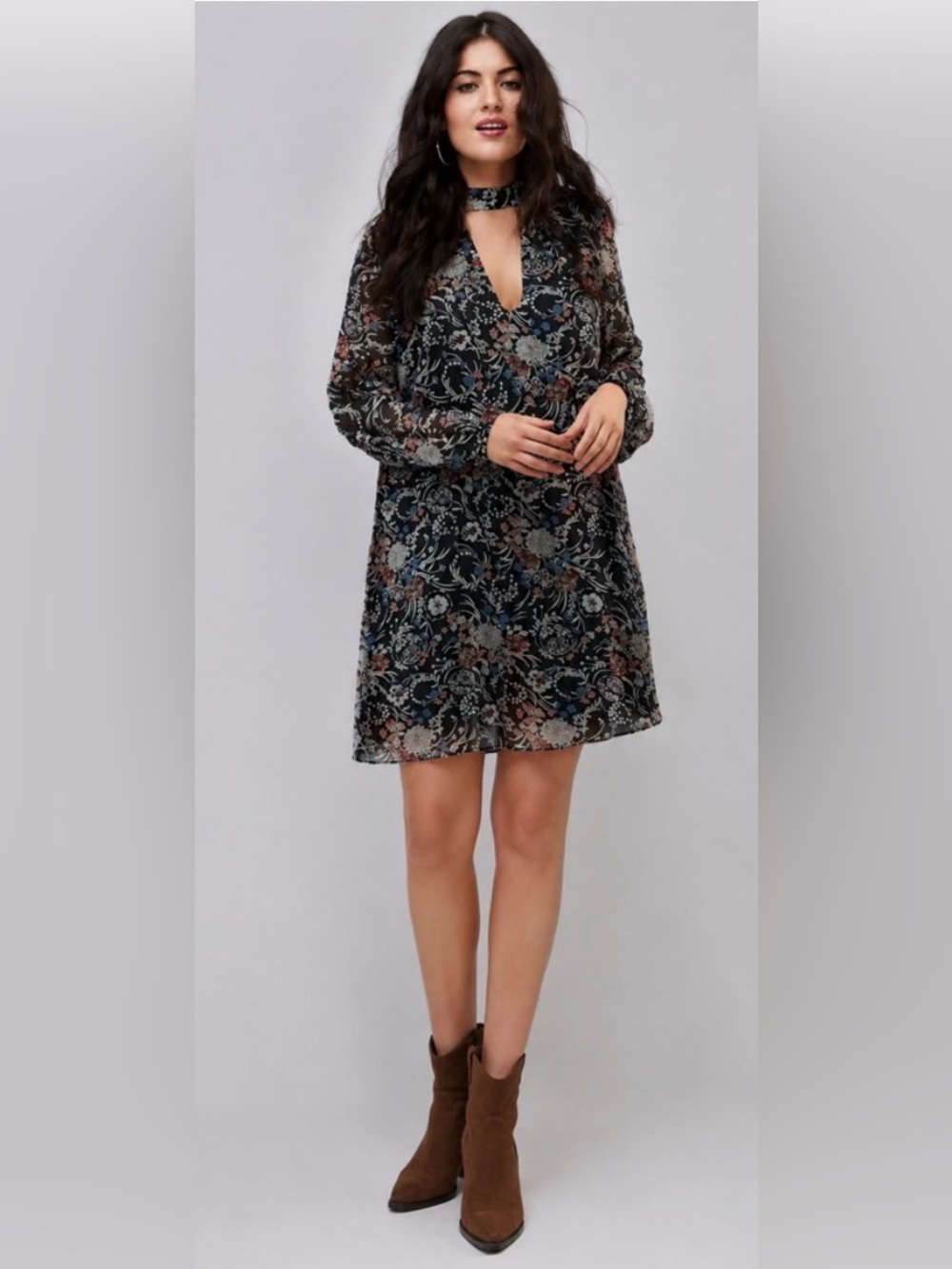 Boohoo Black Multicolor Floral Print Chiffon Shift Dress Boho Romantic Size 16